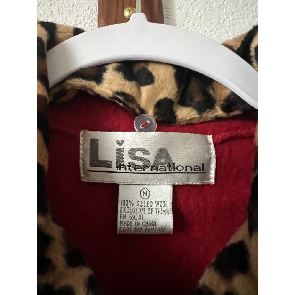 Lisa International Vest Womens Medium Red Wool Faux Fur Leopard Collar Zip - Picture 6 of 13